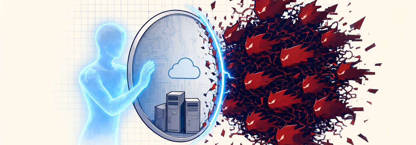 A glowing blue AI defender holding a circuit shield against a swarm of red digital threats